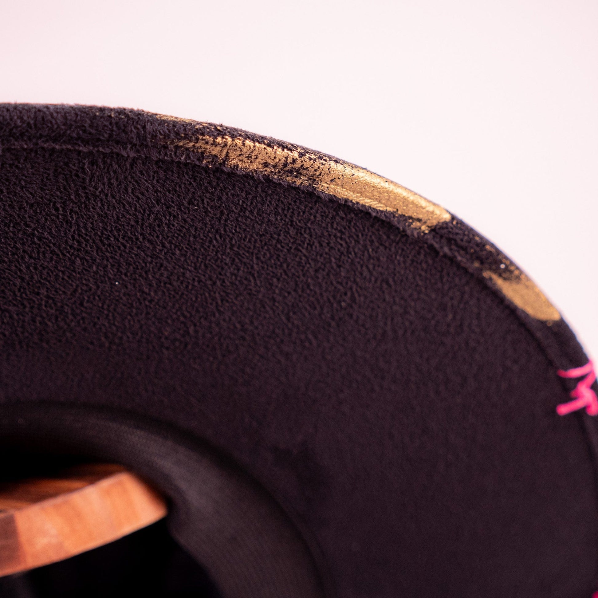 Aukala Hat Handcrafted Boho Ajaw Obsidiana Hat – Black Suede Fedora with Gold Trim & Pink Beaded Accent