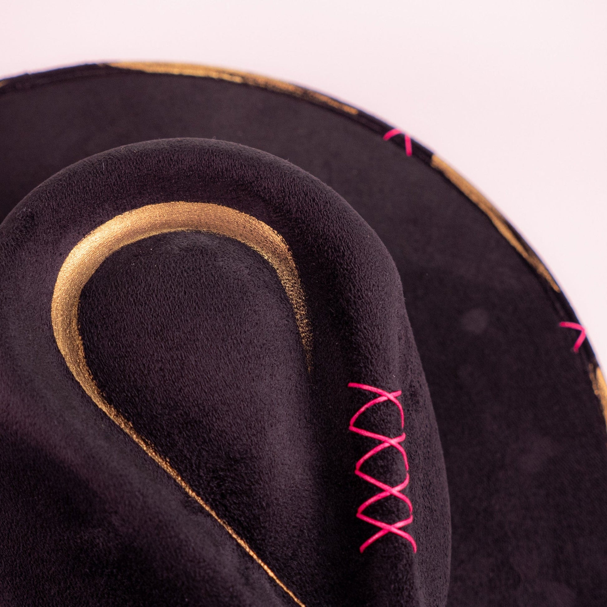 Aukala Hat Handcrafted Boho Ajaw Obsidiana Hat – Black Suede Fedora with Gold Trim & Pink Beaded Accent