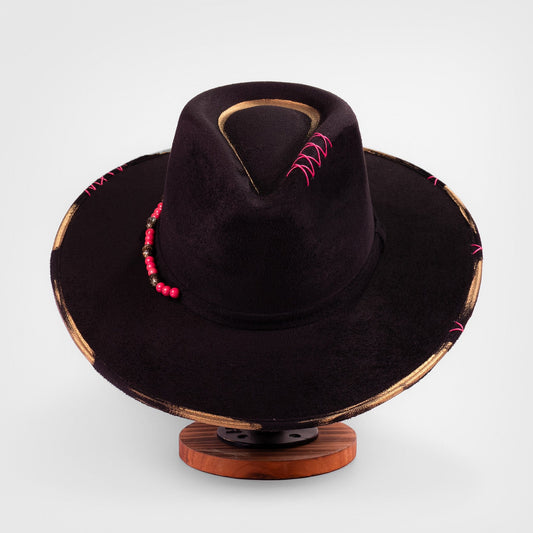 Aukala Hat Handcrafted Boho Ajaw Obsidiana Hat – Black Suede Fedora with Gold Trim & Pink Beaded Accent