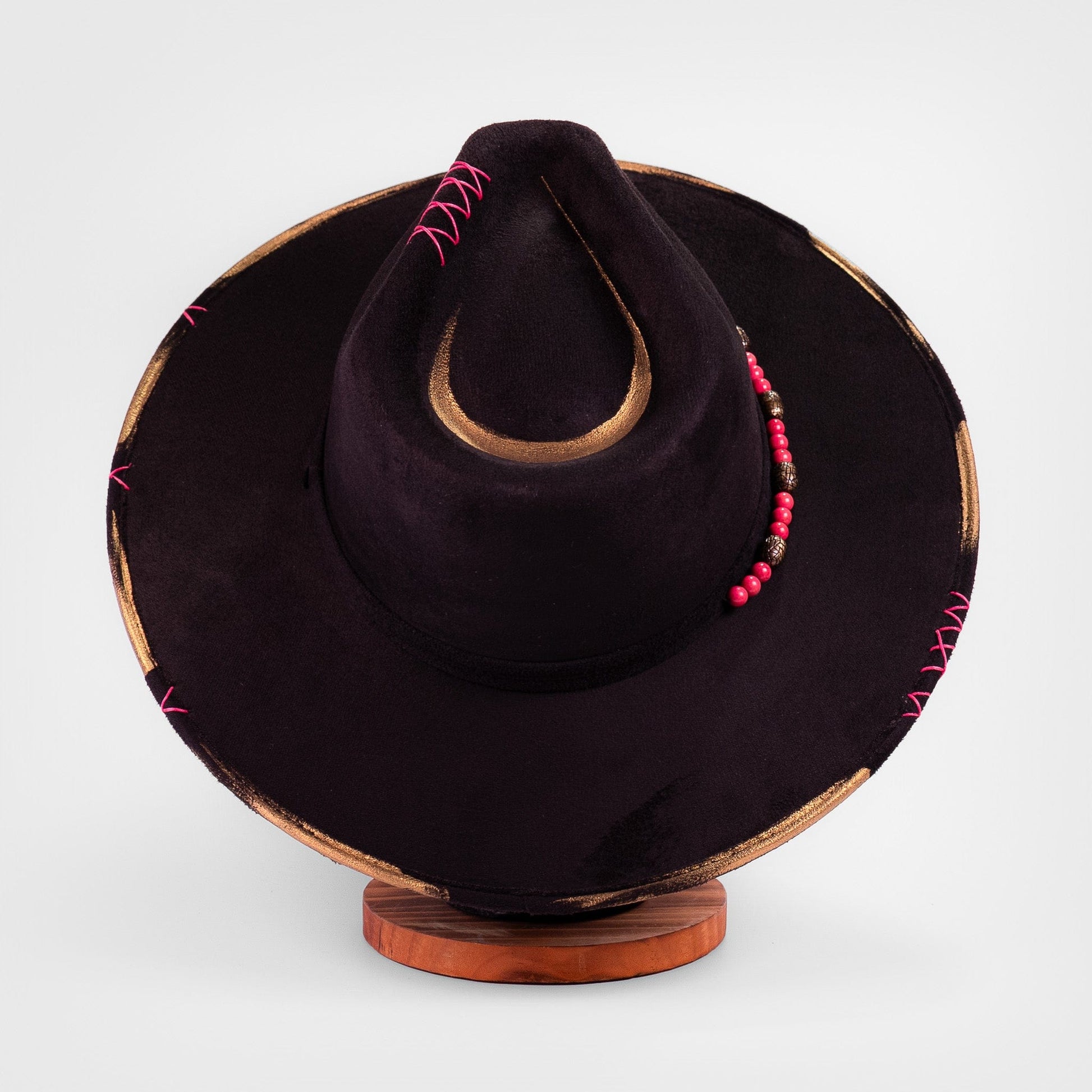 Aukala Hat Handcrafted Boho Ajaw Obsidiana Hat – Black Suede Fedora with Gold Trim & Pink Beaded Accent