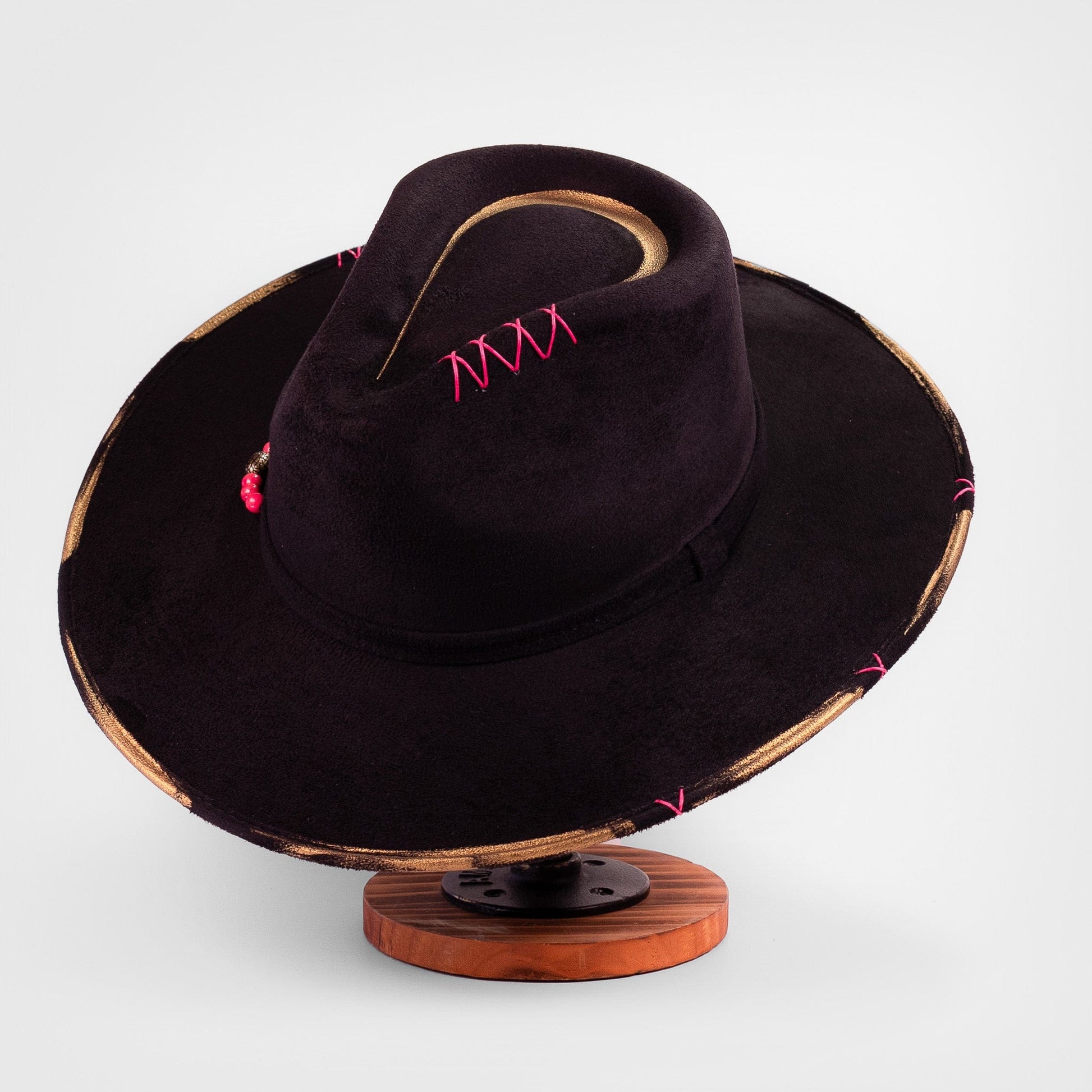 Aukala Hat Handcrafted Boho Ajaw Obsidiana Hat – Black Suede Fedora with Gold Trim & Pink Beaded Accent
