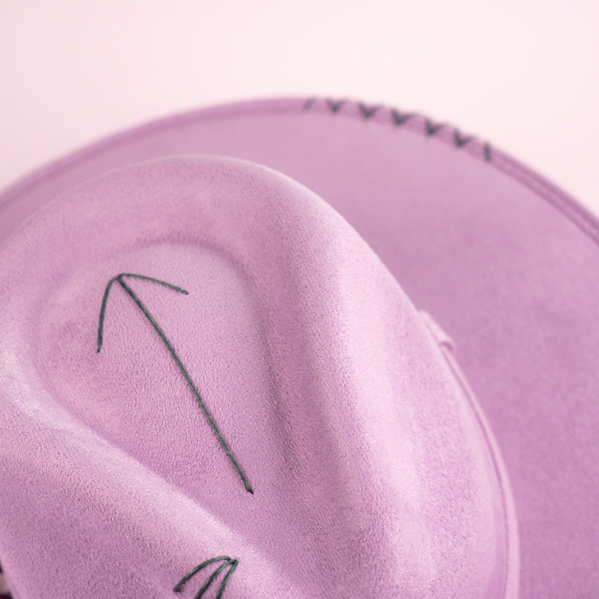 Aukala Hat Handcrafted Boho Amaru Lilac Hat – Lavender Suede Fedora with Green Stitching & Beaded Accent
