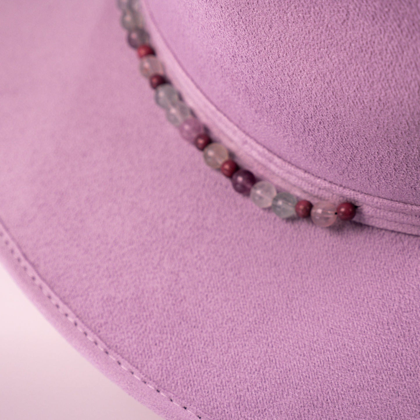 Aukala Hat Handcrafted Boho Amaru Lilac Hat – Lavender Suede Fedora with Green Stitching & Beaded Accent