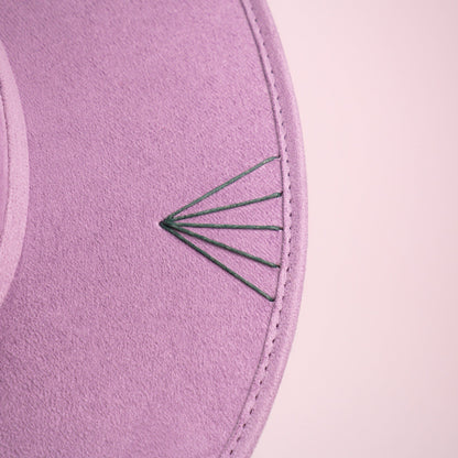 Aukala Hat Handcrafted Boho Amaru Lilac Hat – Lavender Suede Fedora with Green Stitching & Beaded Accent