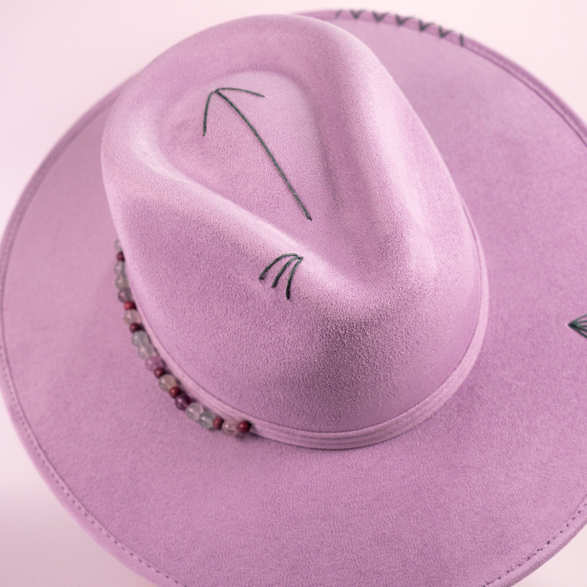 Aukala Hat Handcrafted Boho Amaru Lilac Hat – Lavender Suede Fedora with Green Stitching & Beaded Accent