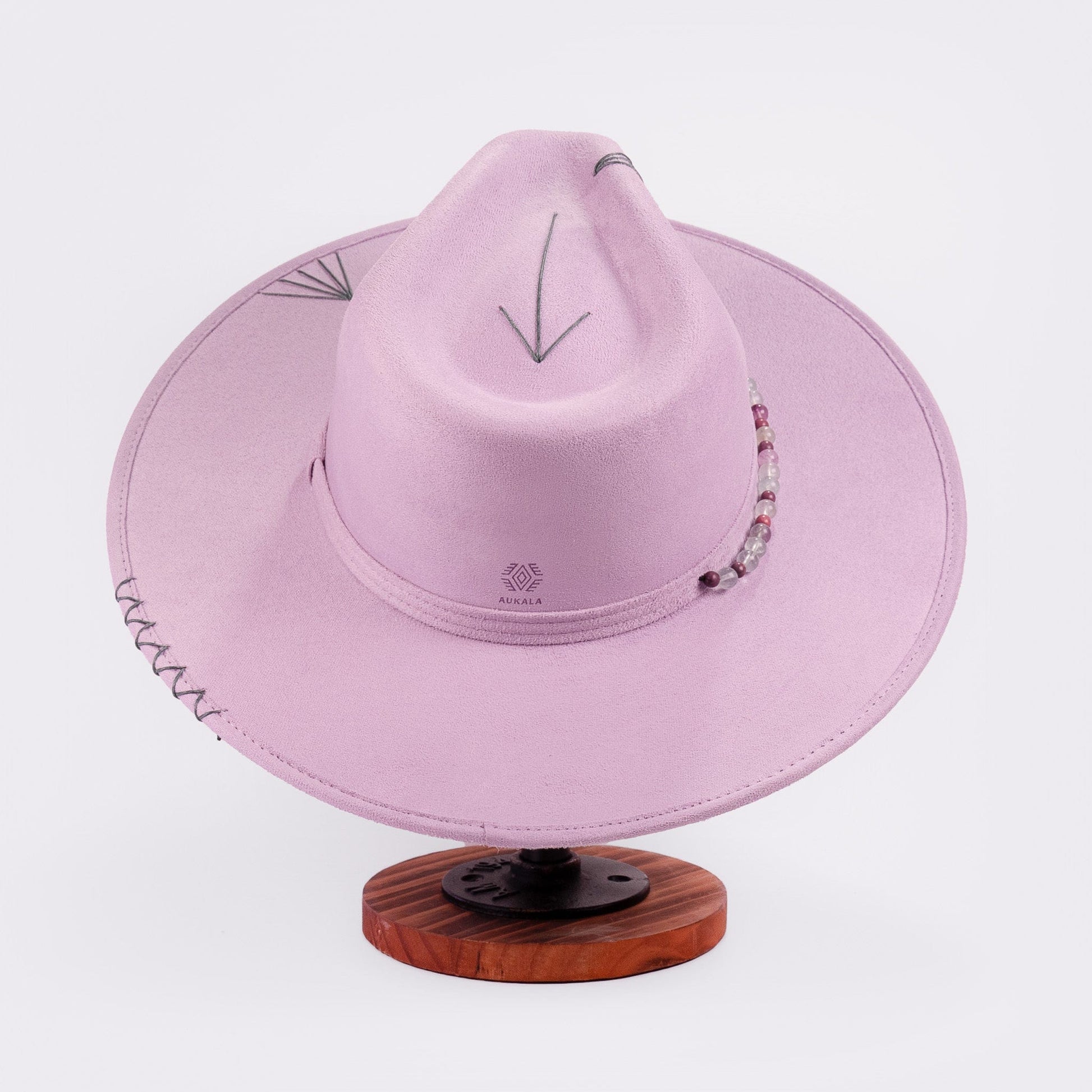 Aukala Hat Handcrafted Boho Amaru Lilac Hat – Lavender Suede Fedora with Green Stitching & Beaded Accent