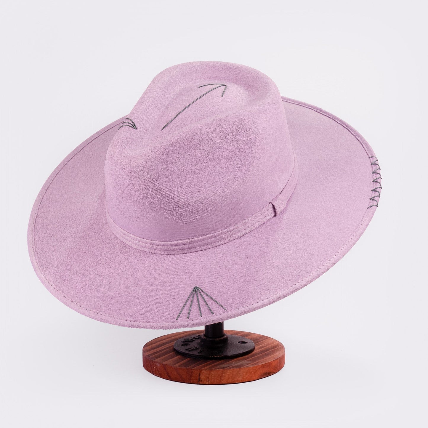 Aukala Hat Handcrafted Boho Amaru Lilac Hat – Lavender Suede Fedora with Green Stitching & Beaded Accent