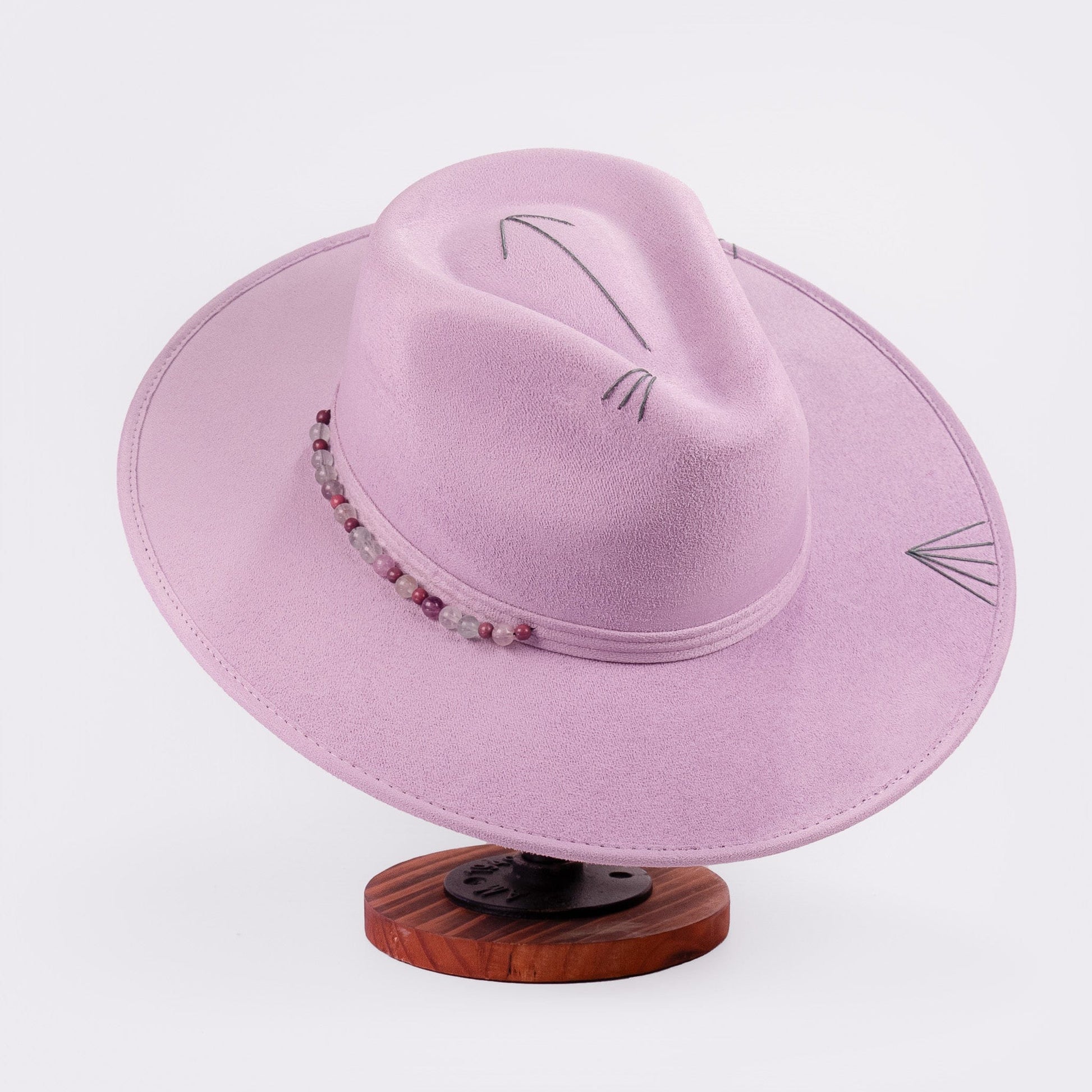 Aukala Hat Handcrafted Boho Amaru Lilac Hat – Lavender Suede Fedora with Green Stitching & Beaded Accent