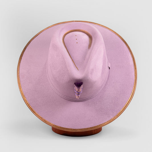 Aukala Hat Handcrafted Boho Amethyst Dream Hat – Lavender Suede Fedora with Gold Trim & Amethyst Crystal Accent