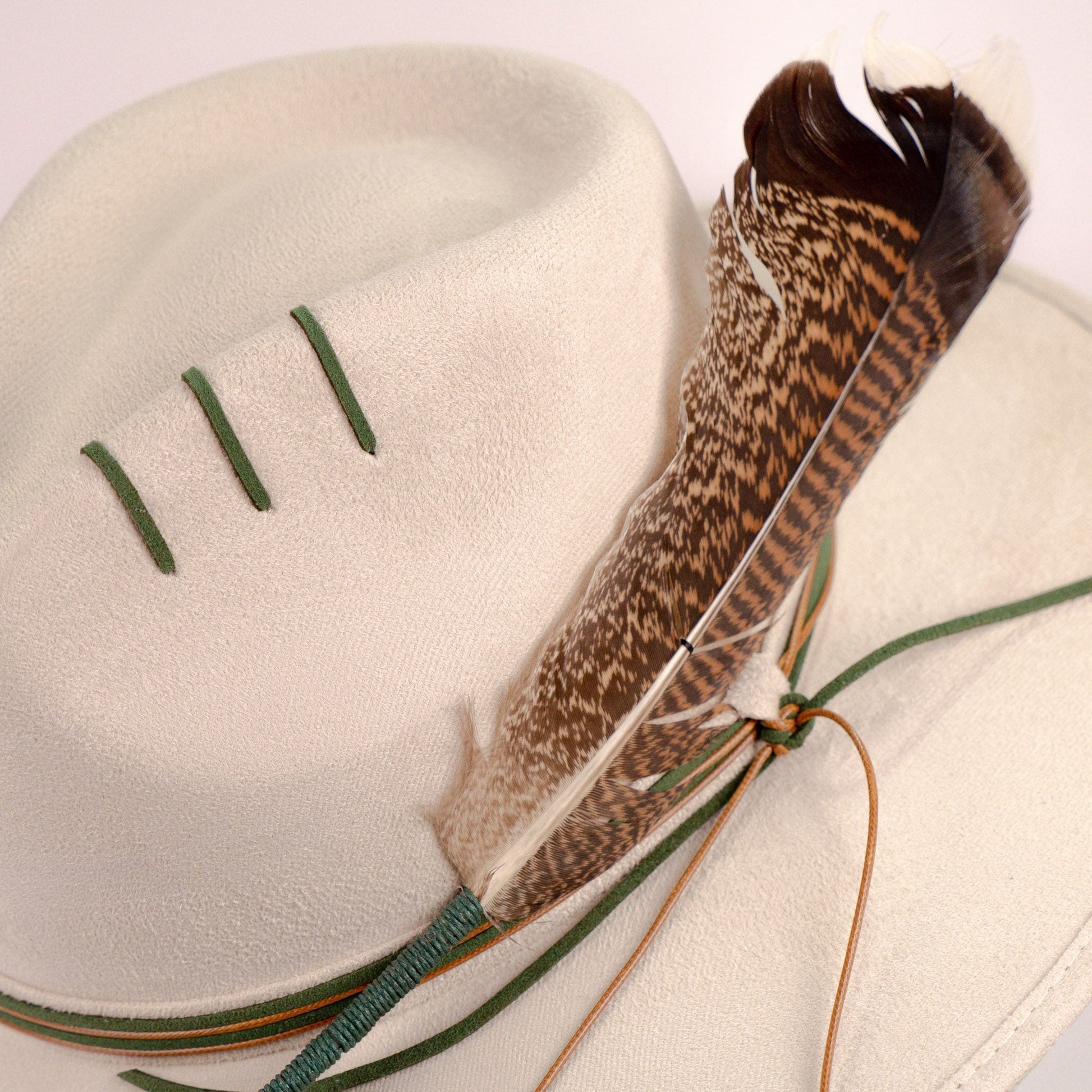 Aukala Hat Handcrafted Boho Arandu Hat – Sand Suede Fedora with Feather Accent & Earthy Tones