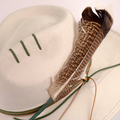 Aukala Hat Handcrafted Boho Arandu Hat – Sand Suede Fedora with Feather Accent & Earthy Tones