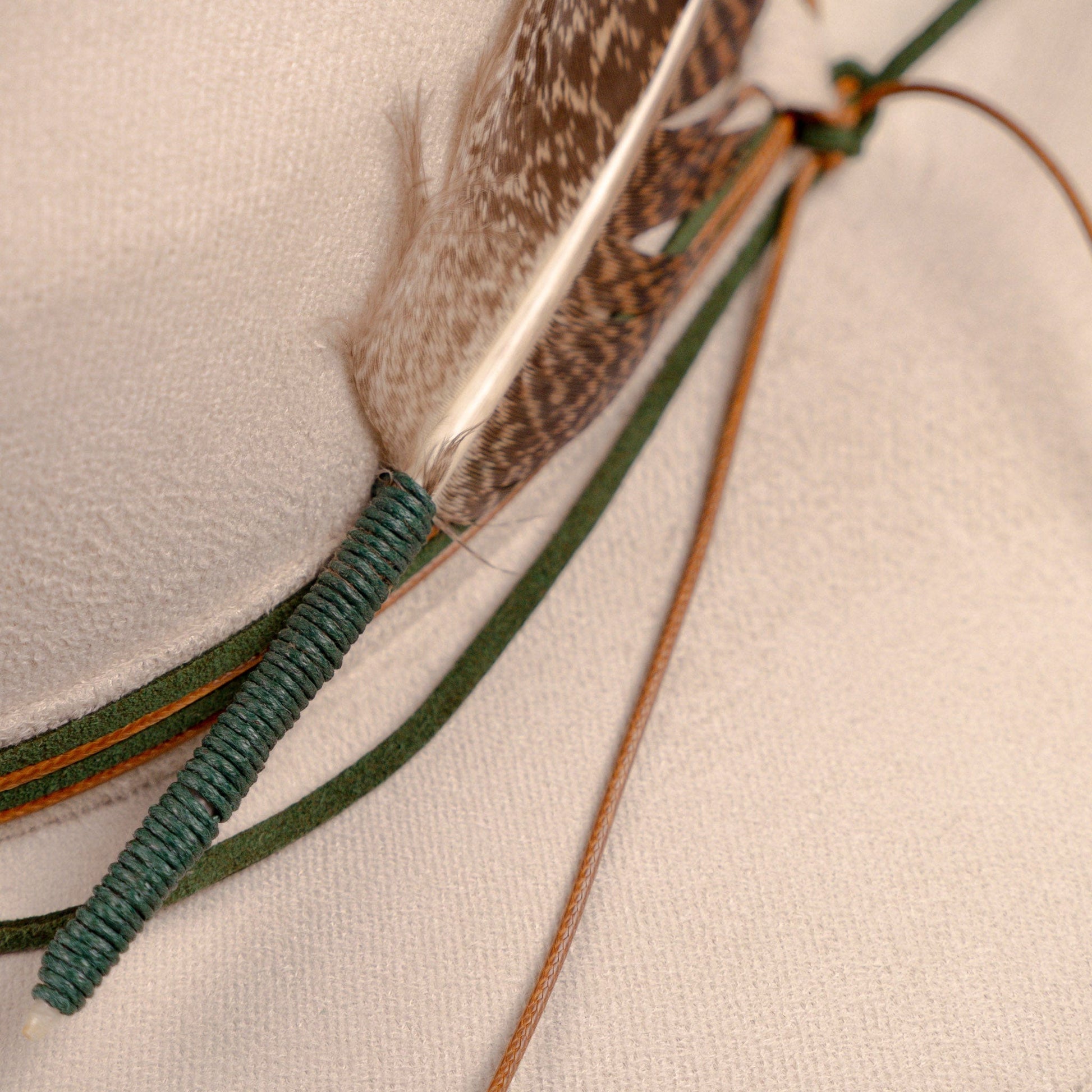 Aukala Hat Handcrafted Boho Arandu Hat – Sand Suede Fedora with Feather Accent & Earthy Tones