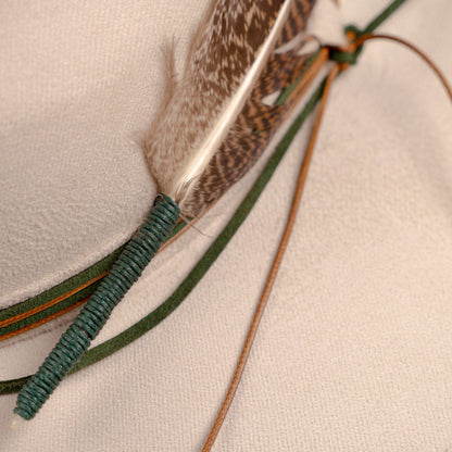 Aukala Hat Handcrafted Boho Arandu Hat – Sand Suede Fedora with Feather Accent & Earthy Tones