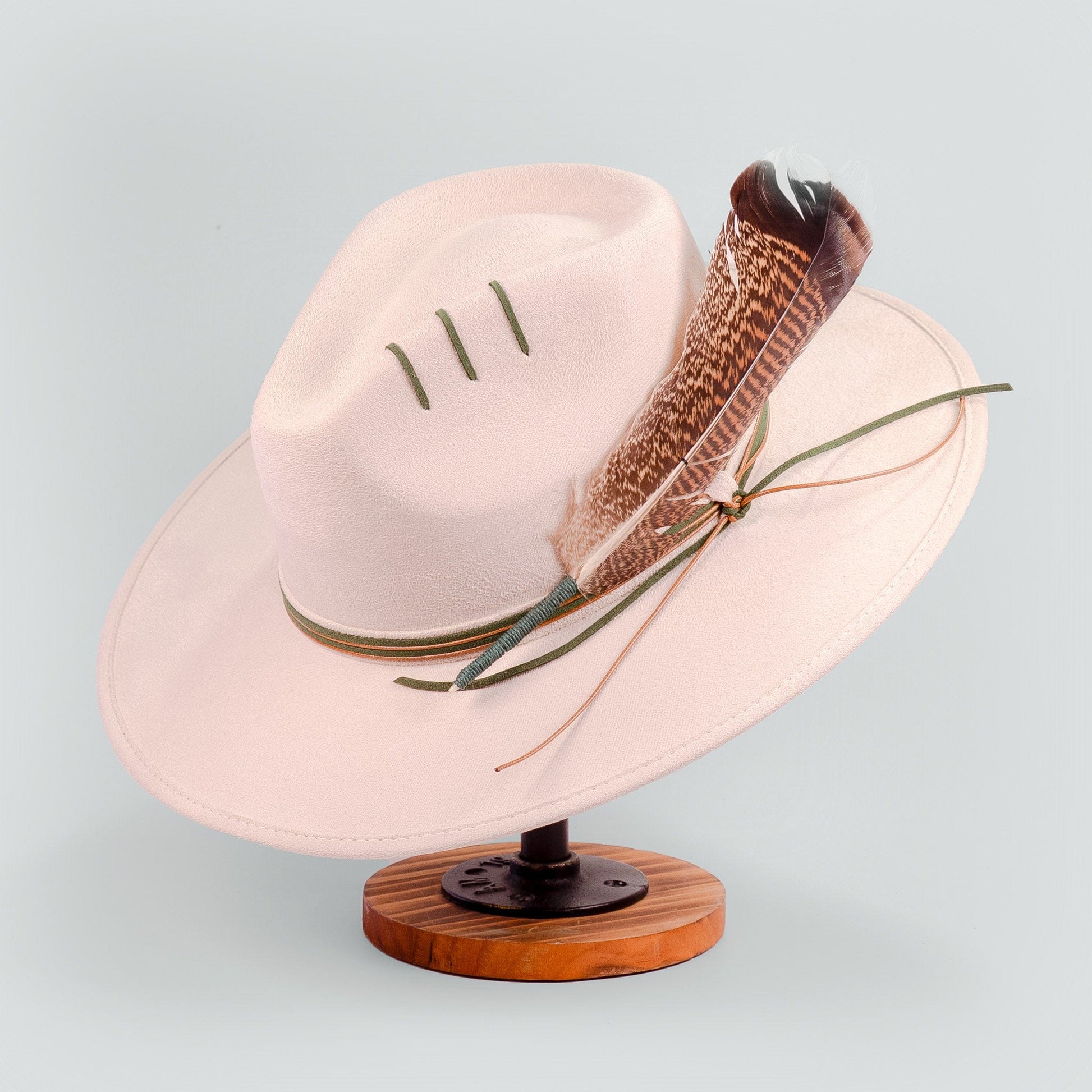 Aukala Hat Handcrafted Boho Arandu Hat – Sand Suede Fedora with Feather Accent & Earthy Tones