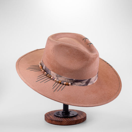 Aukala Hat Handcrafted Boho Aruma Hat – Terracotta Suede Fedora with Agate Print Band & Sunburst Stitching