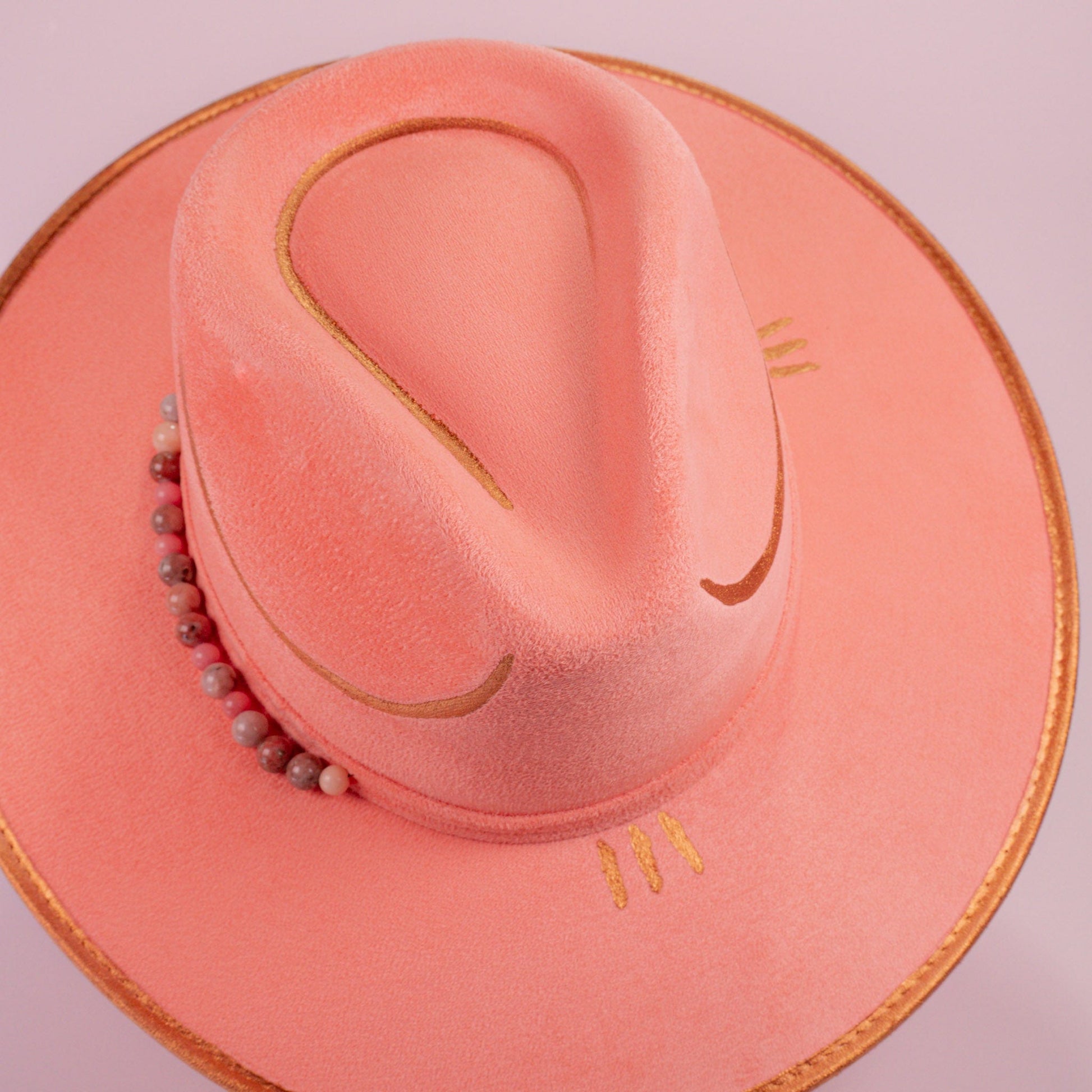 Aukala Hat Handcrafted Boho Blush Horizon Hat - Pink Suede Fedora with Gold Accents
