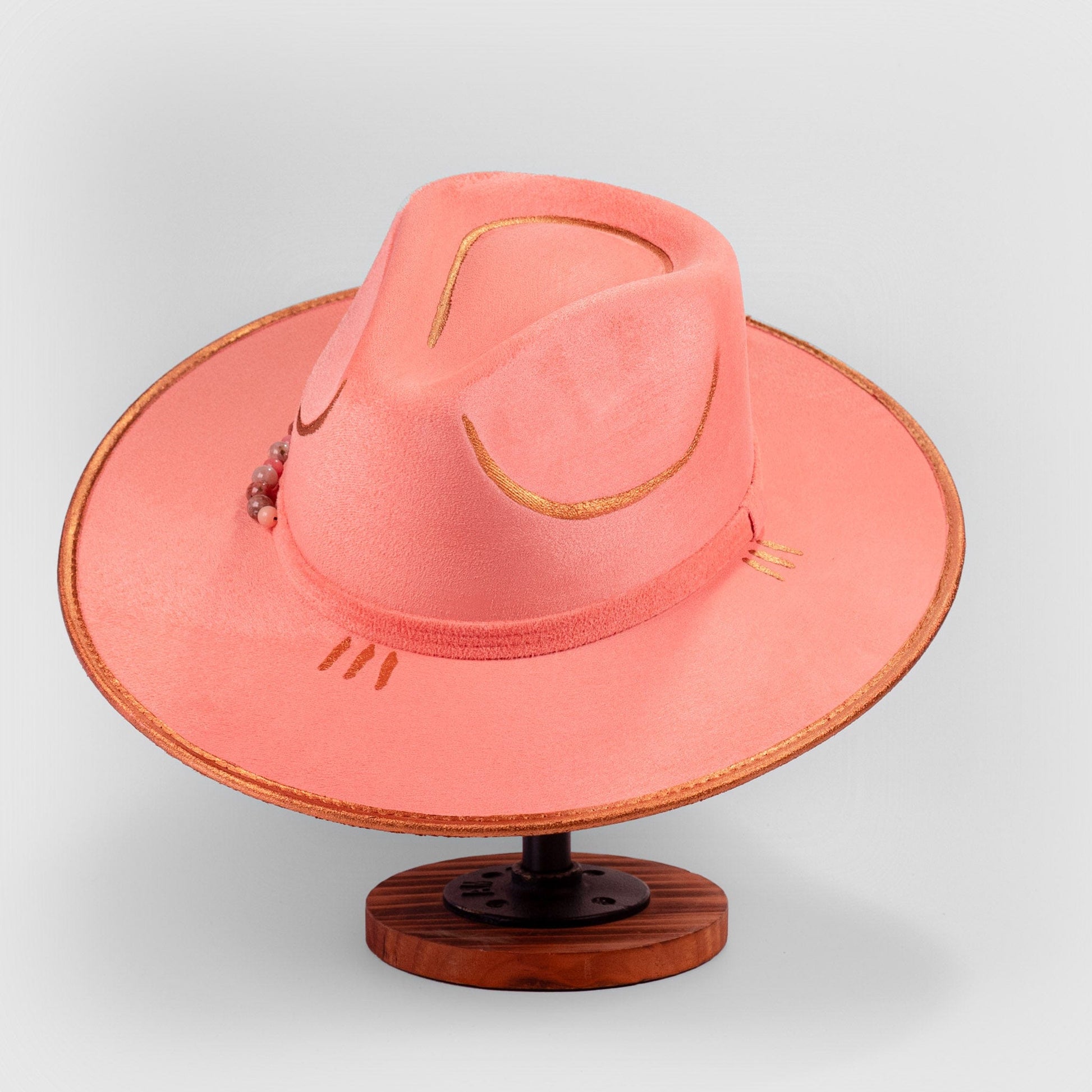 Aukala Hat Handcrafted Boho Blush Horizon Hat - Pink Suede Fedora with Gold Accents