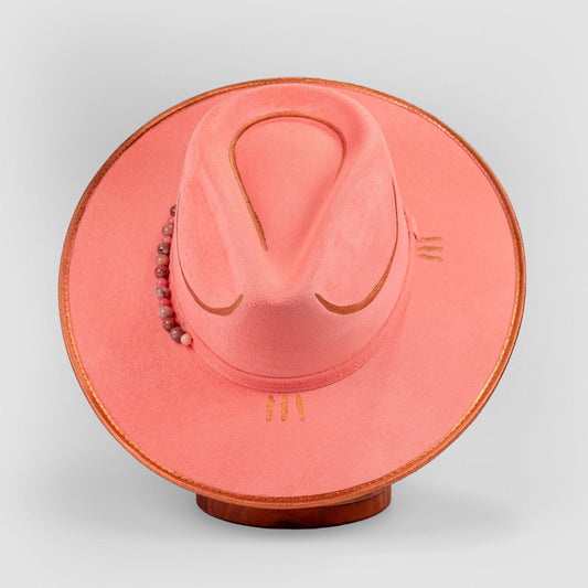 Aukala Hat Handcrafted Boho Blush Horizon Hat - Pink Suede Fedora with Gold Accents