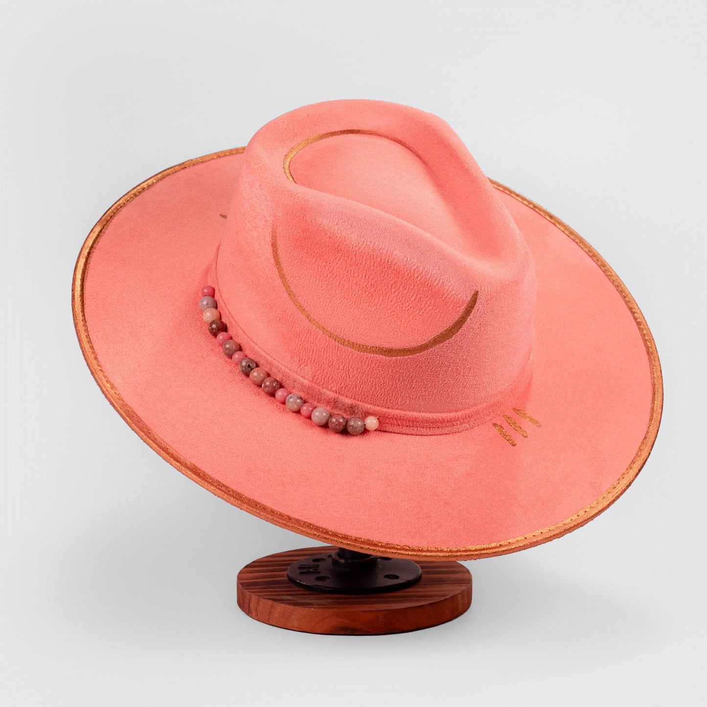Aukala Hat Handcrafted Boho Blush Horizon Hat - Pink Suede Fedora with Gold Accents