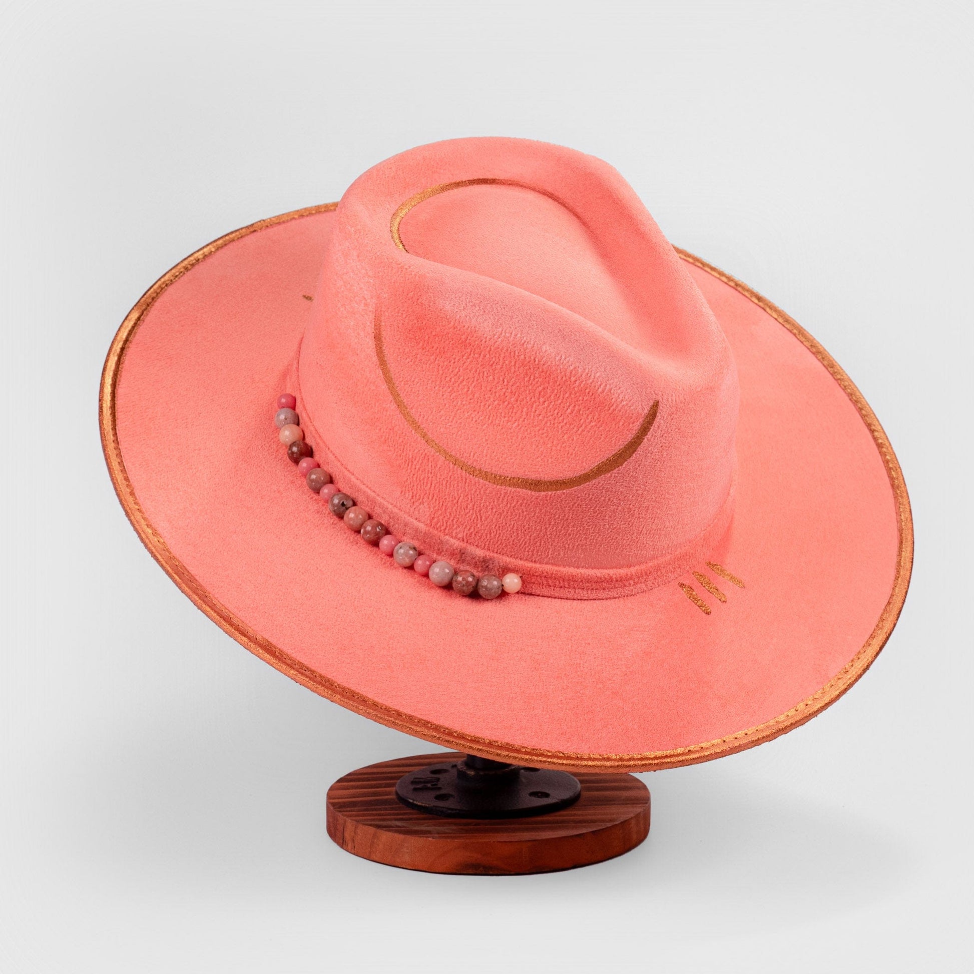 Aukala Hat Handcrafted Boho Blush Horizon Hat - Pink Suede Fedora with Gold Accents