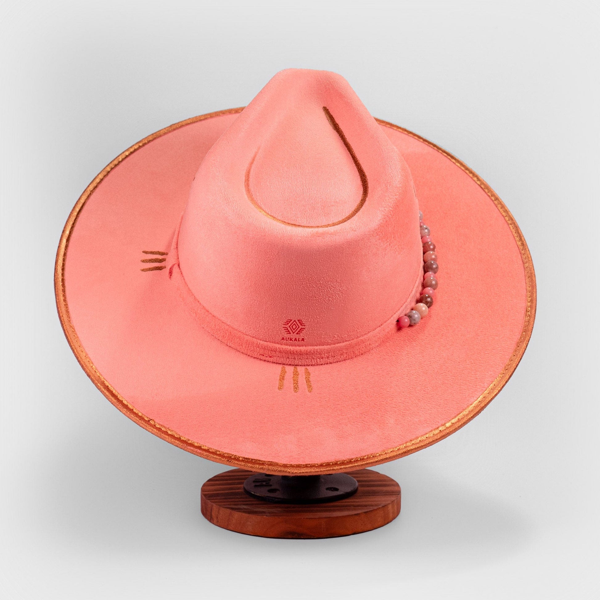 Aukala Hat Handcrafted Boho Blush Horizon Hat - Pink Suede Fedora with Gold Accents