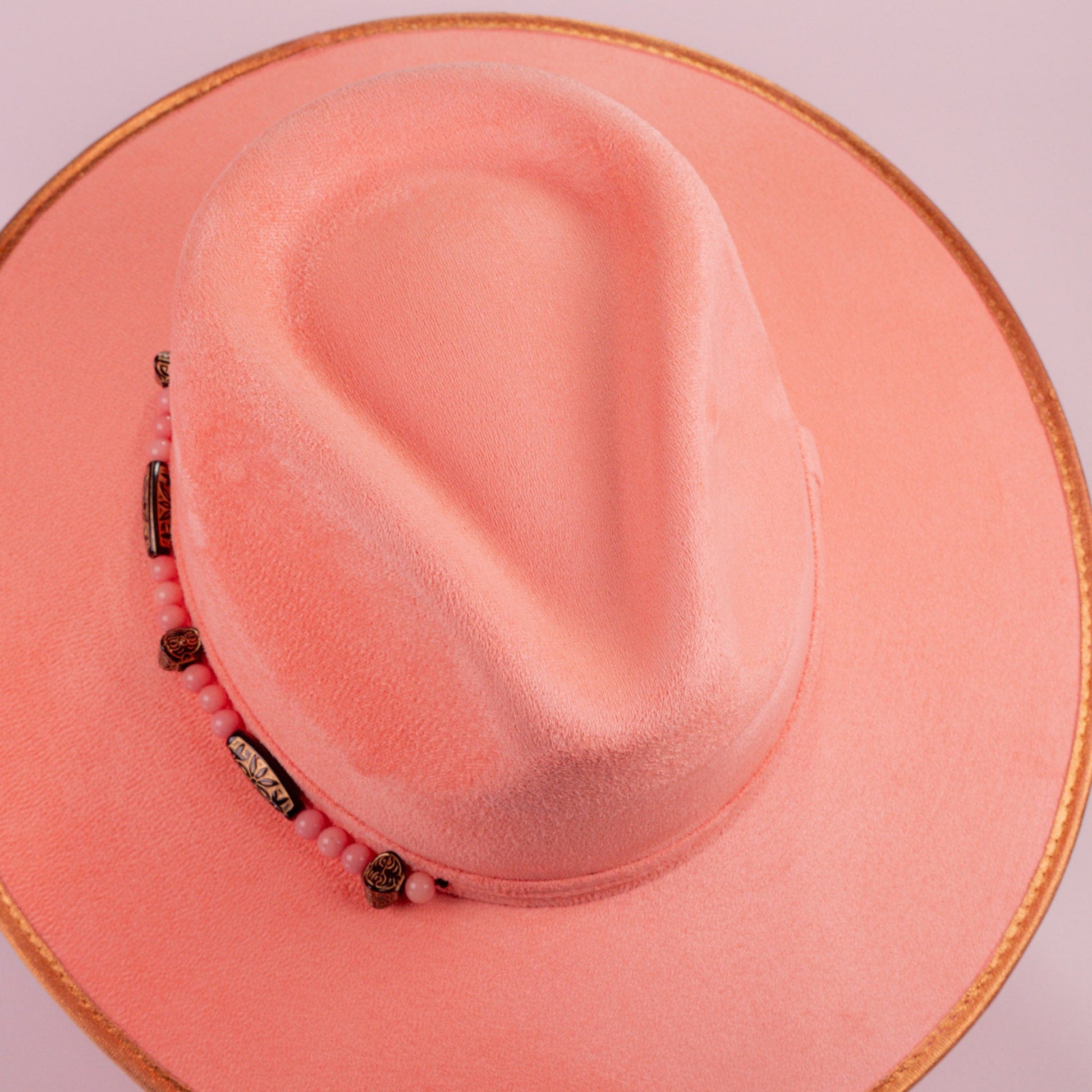 Aukala Hat Handcrafted Boho Coral Sunset Hat – Blush Suede Fedora with Gold Trim & Beaded Accents