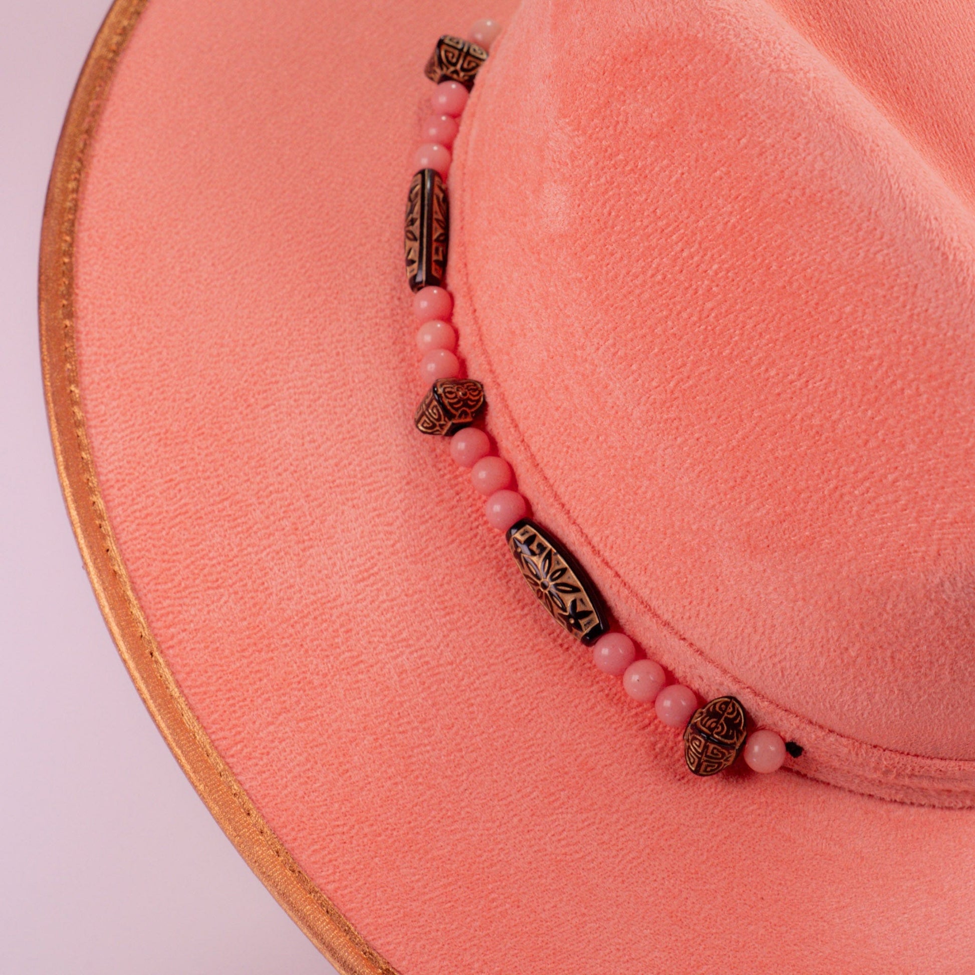 Aukala Hat Handcrafted Boho Coral Sunset Hat – Blush Suede Fedora with Gold Trim & Beaded Accents