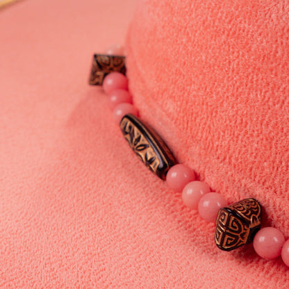 Aukala Hat Handcrafted Boho Coral Sunset Hat – Blush Suede Fedora with Gold Trim & Beaded Accents