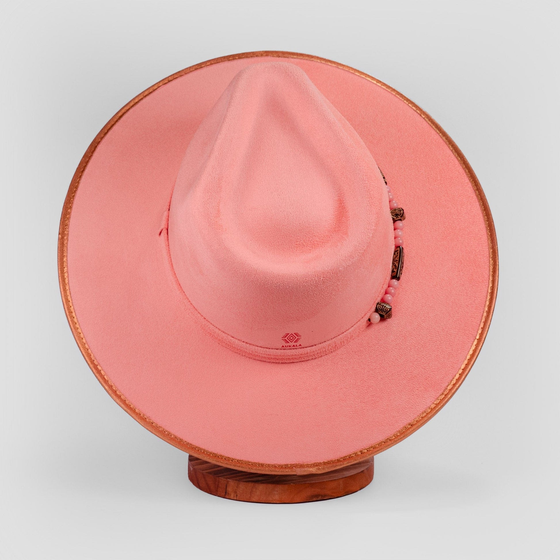 Aukala Hat Handcrafted Boho Coral Sunset Hat – Blush Suede Fedora with Gold Trim & Beaded Accents
