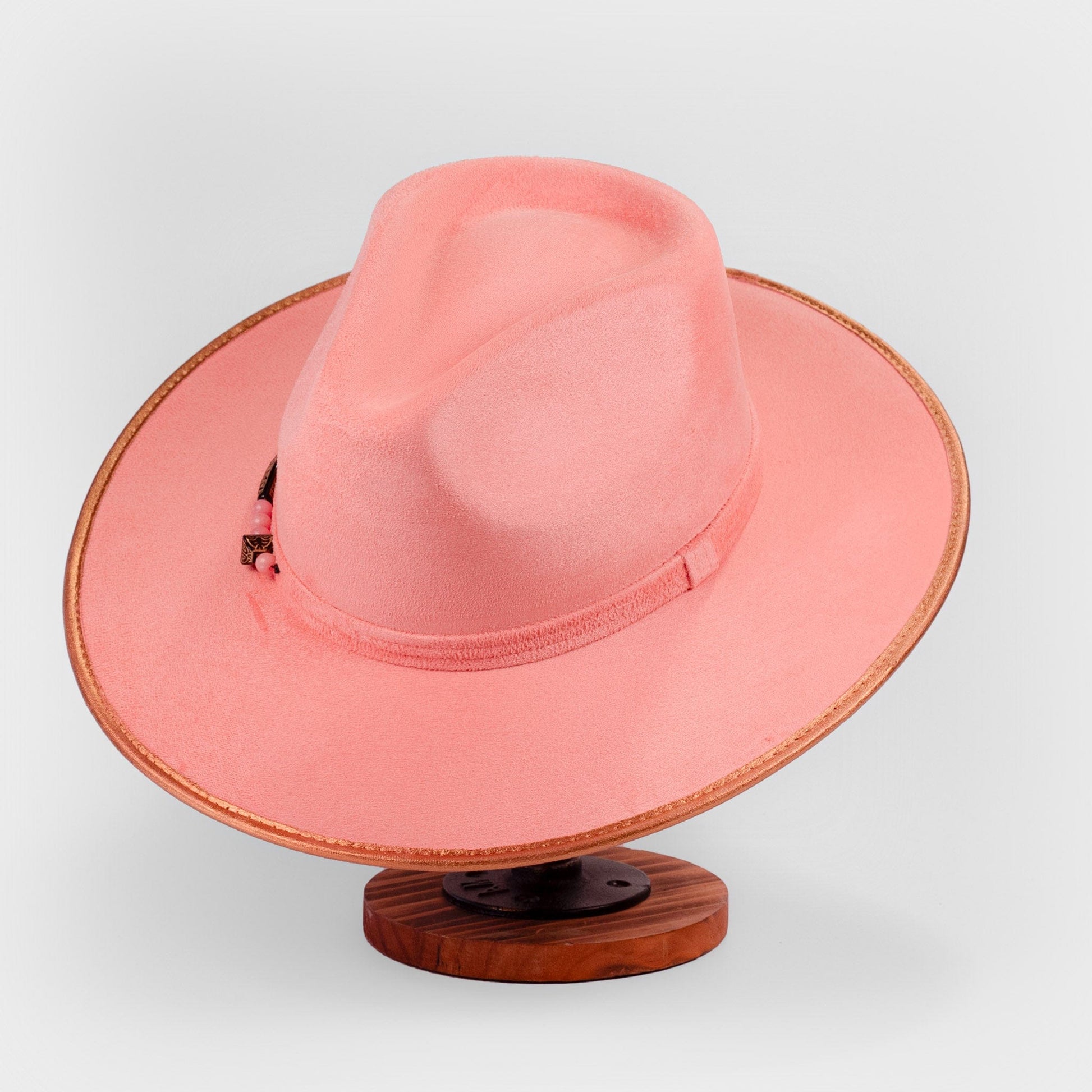 Aukala Hat Handcrafted Boho Coral Sunset Hat – Blush Suede Fedora with Gold Trim & Beaded Accents