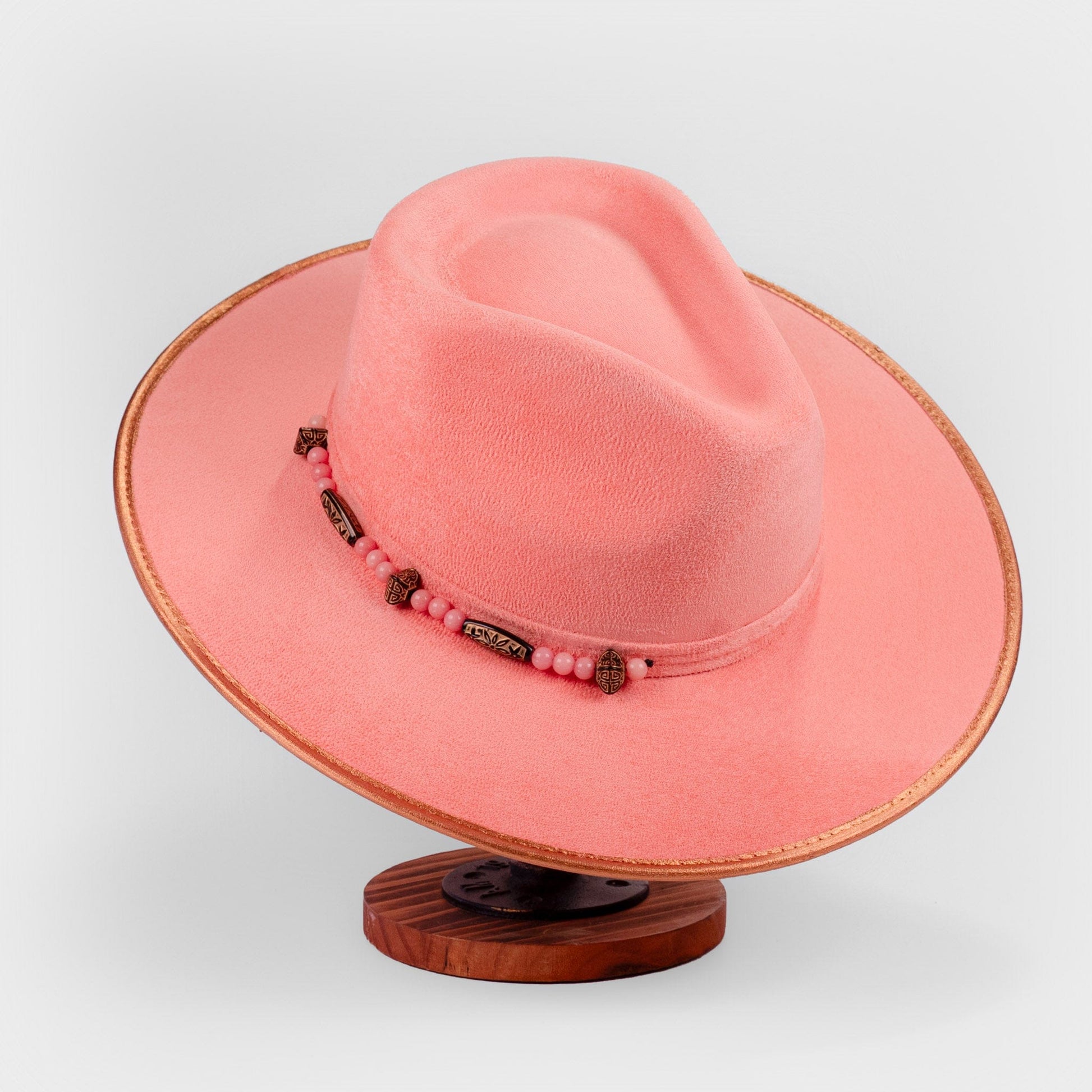 Aukala Hat Handcrafted Boho Coral Sunset Hat – Blush Suede Fedora with Gold Trim & Beaded Accents