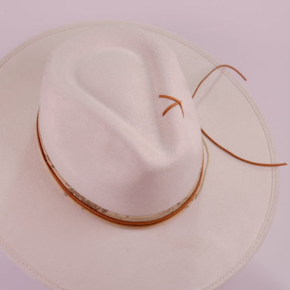 Aukala Hat Handcrafted Boho Desert Crescent Hat – Off-White Suede Fedora with Leather Band & Minimalist Stitching