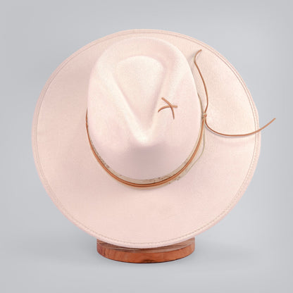 Aukala Hat Handcrafted Boho Desert Crescent Hat – Off-White Suede Fedora with Leather Band & Minimalist Stitching