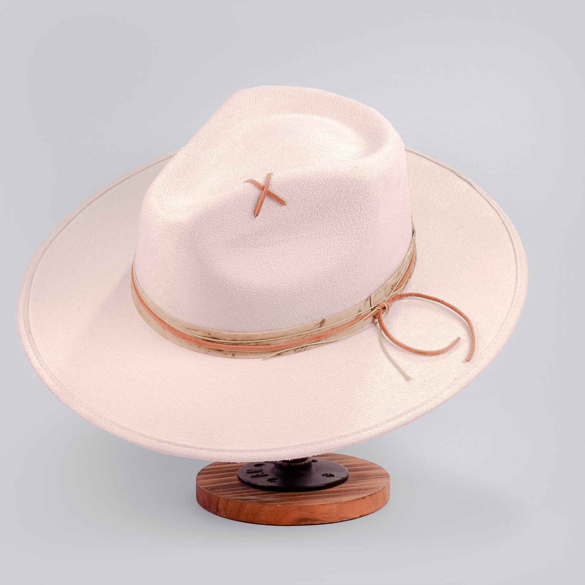 Aukala Hat Handcrafted Boho Desert Crescent Hat – Off-White Suede Fedora with Leather Band & Minimalist Stitching