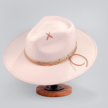Aukala Hat Handcrafted Boho Desert Crescent Hat – Off-White Suede Fedora with Leather Band & Minimalist Stitching
