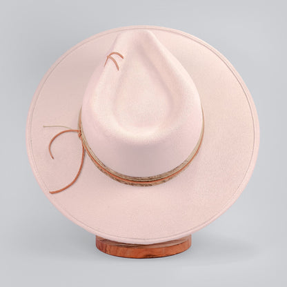 Aukala Hat Handcrafted Boho Desert Crescent Hat – Off-White Suede Fedora with Leather Band & Minimalist Stitching