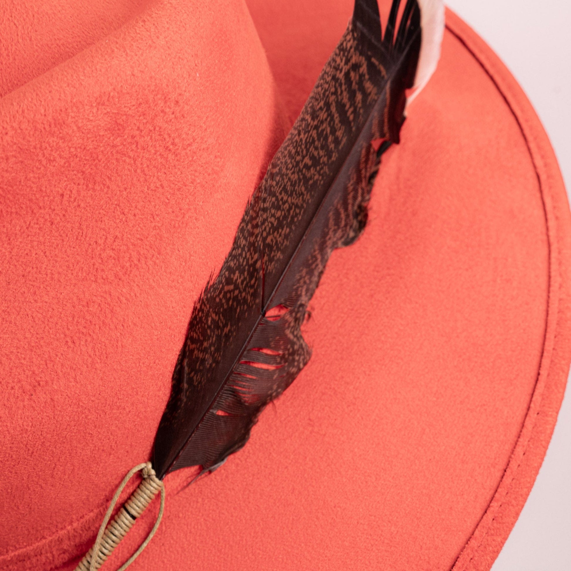 Aukala Hat Handcrafted Boho Ember Horizon Hat – Fiery Red Suede Fedora with Feather & Beaded Accents