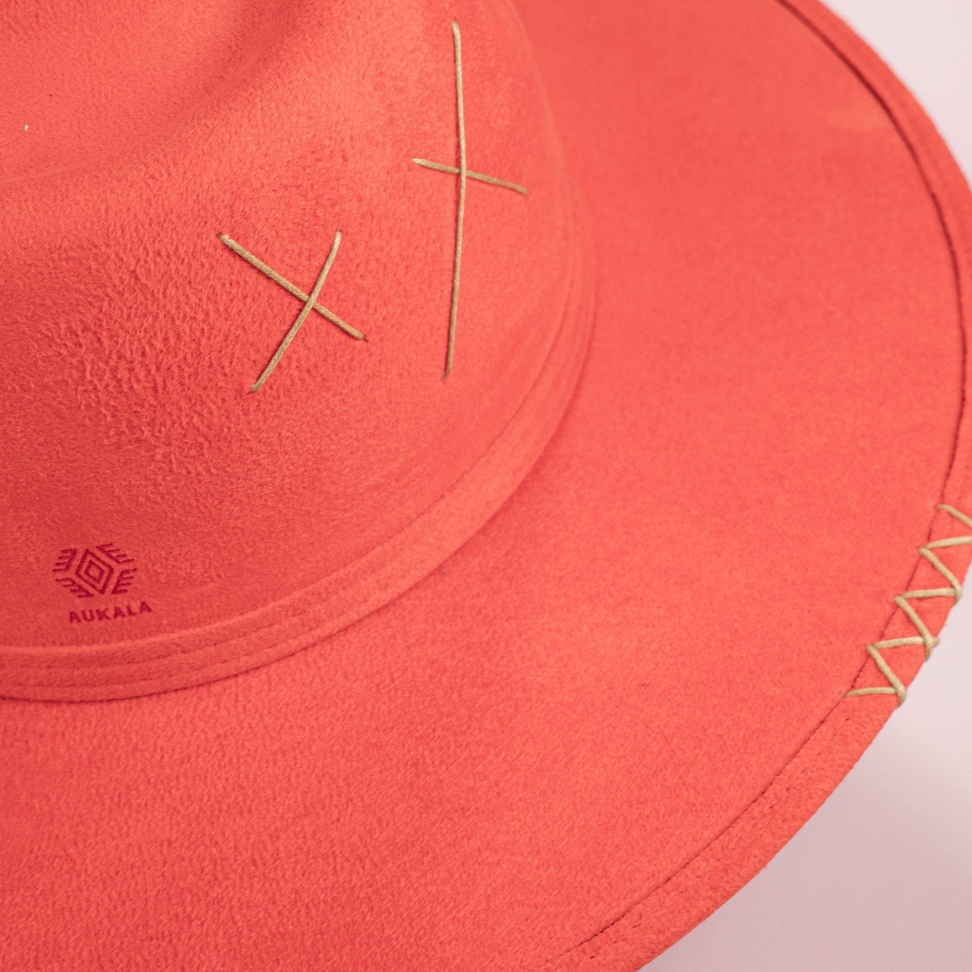 Aukala Hat Handcrafted Boho Ember Horizon Hat – Fiery Red Suede Fedora with Feather & Beaded Accents