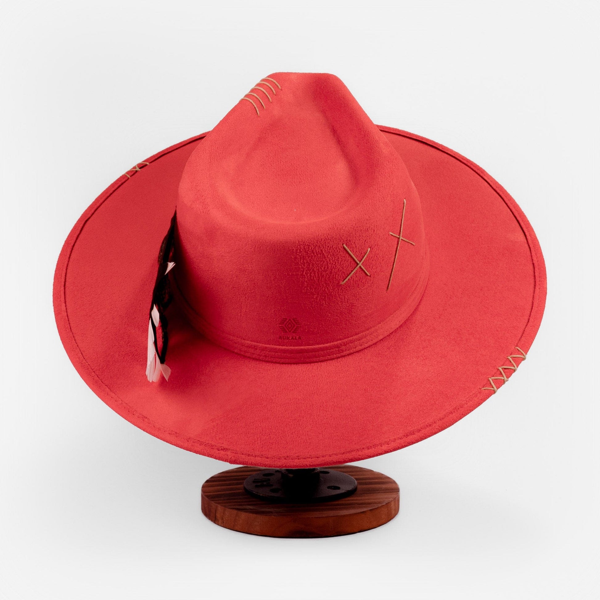 Aukala Hat Handcrafted Boho Ember Horizon Hat – Fiery Red Suede Fedora with Feather & Beaded Accents