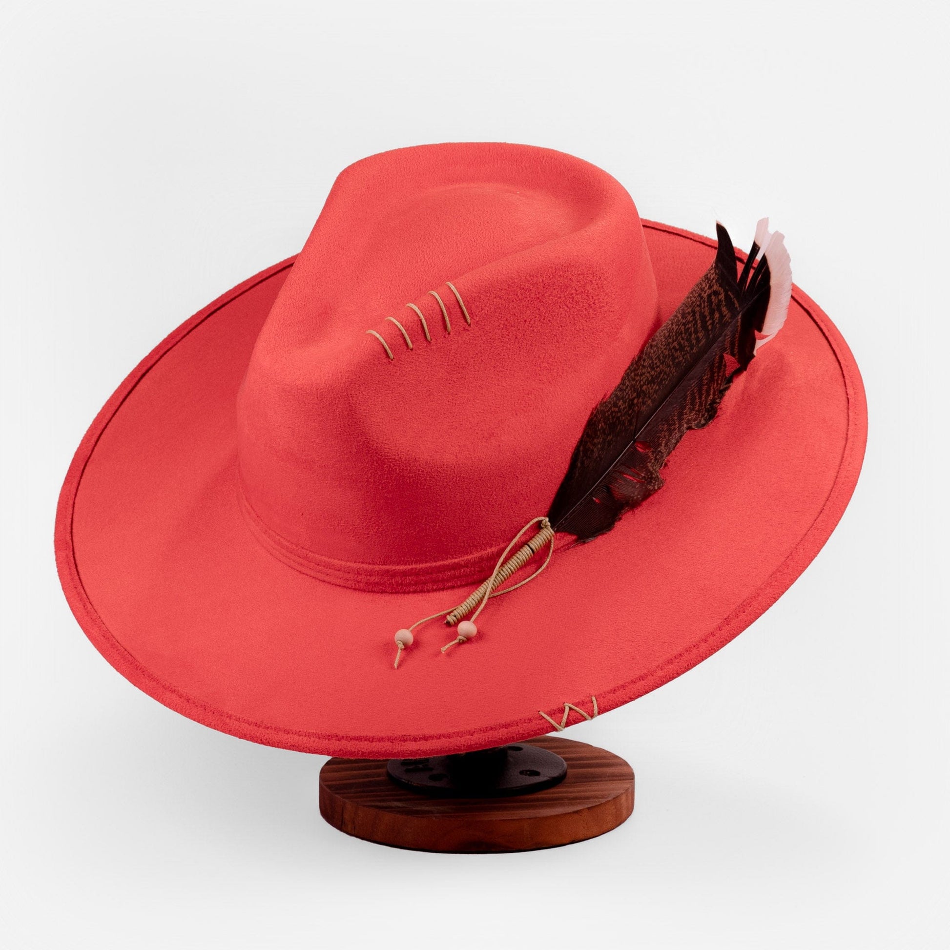Aukala Hat Handcrafted Boho Ember Horizon Hat – Fiery Red Suede Fedora with Feather & Beaded Accents