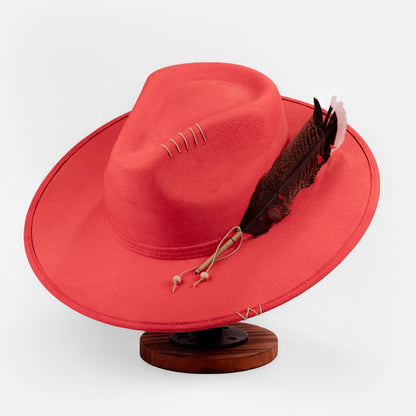 Aukala Hat Handcrafted Boho Ember Horizon Hat – Fiery Red Suede Fedora with Feather & Beaded Accents