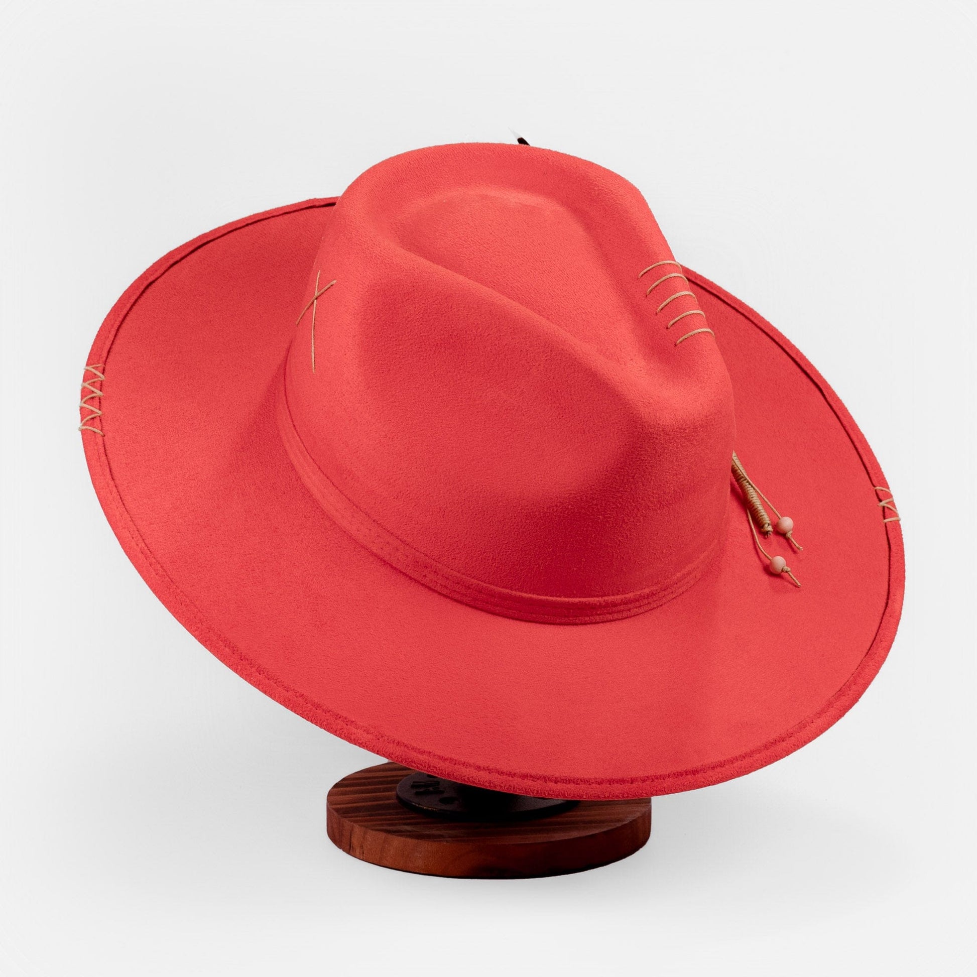 Aukala Hat Handcrafted Boho Ember Horizon Hat – Fiery Red Suede Fedora with Feather & Beaded Accents