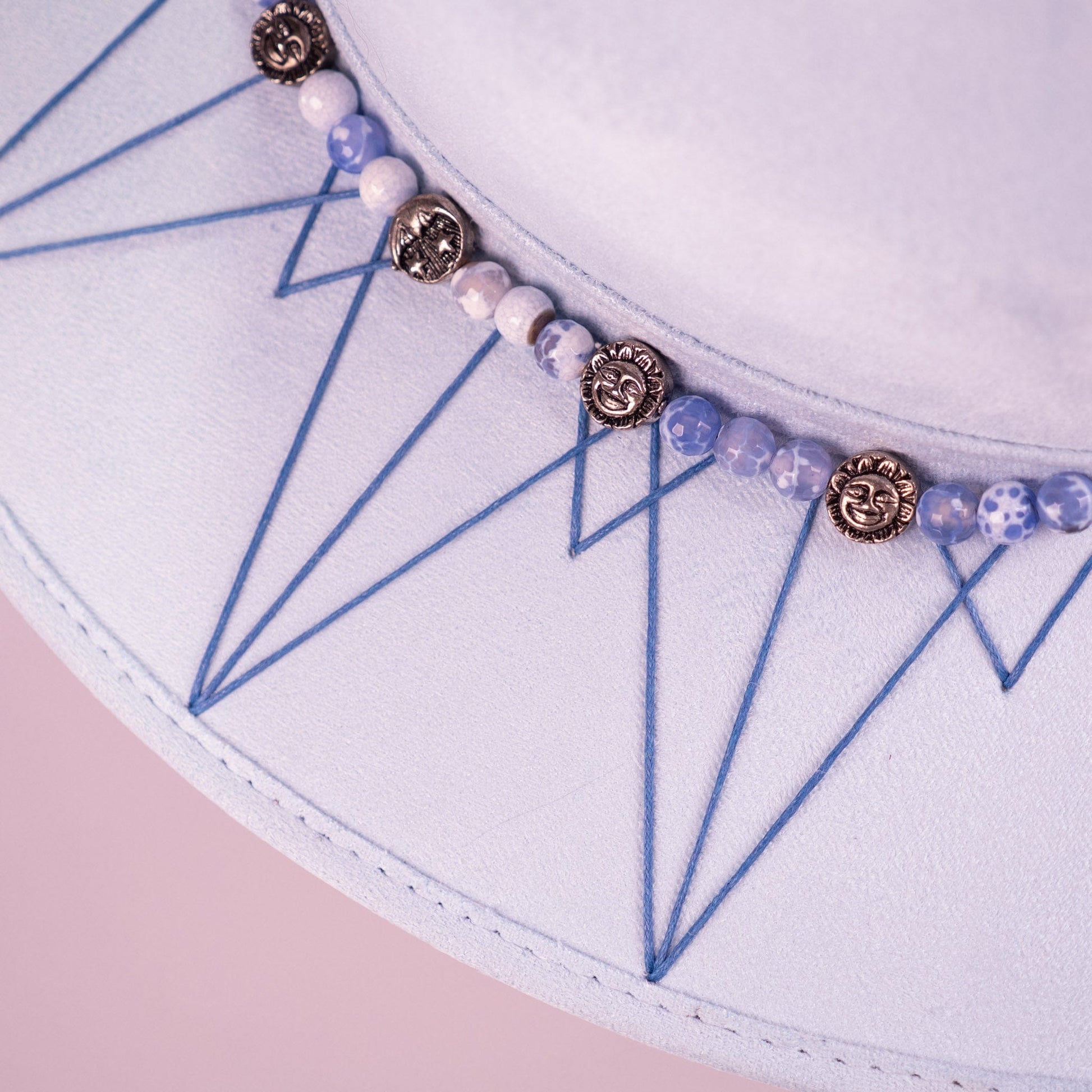 Aukala Hat Handcrafted Boho Illari Hat – Light Blue Suede Fedora with Embroidered Details & Beaded Accents