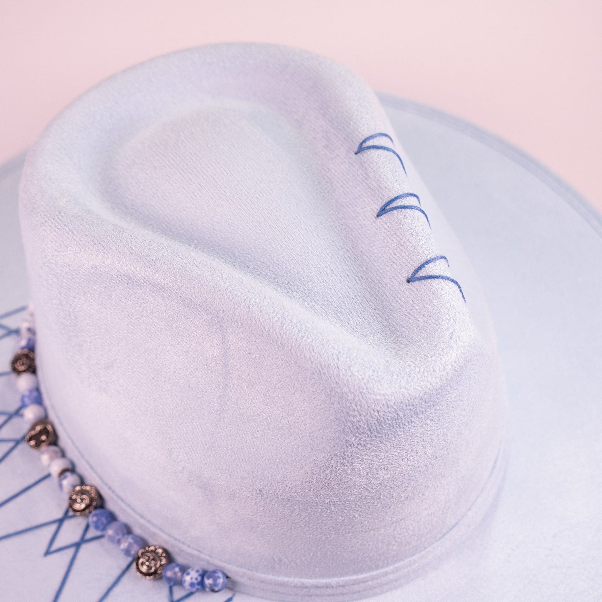 Aukala Hat Handcrafted Boho Illari Hat – Light Blue Suede Fedora with Embroidered Details & Beaded Accents