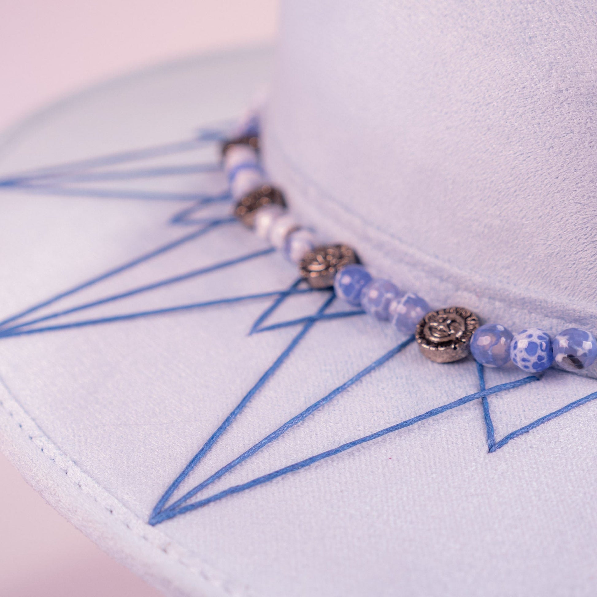 Aukala Hat Handcrafted Boho Illari Hat – Light Blue Suede Fedora with Embroidered Details & Beaded Accents
