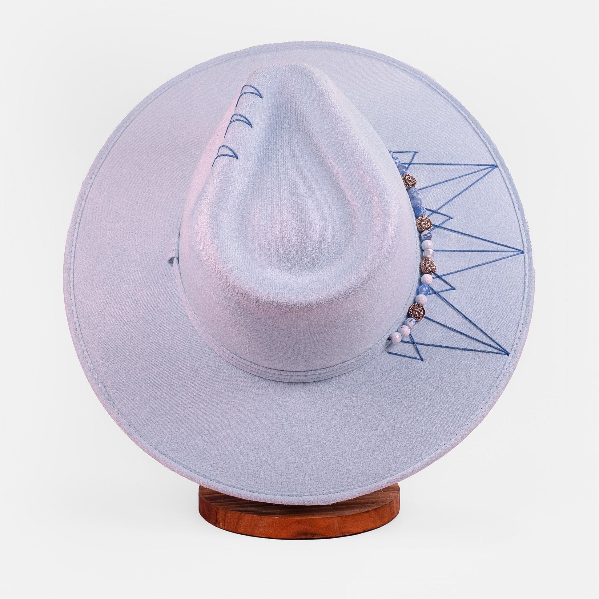 Aukala Hat Handcrafted Boho Illari Hat – Light Blue Suede Fedora with Embroidered Details & Beaded Accents