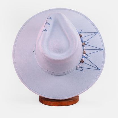 Aukala Hat Handcrafted Boho Illari Hat – Light Blue Suede Fedora with Embroidered Details & Beaded Accents