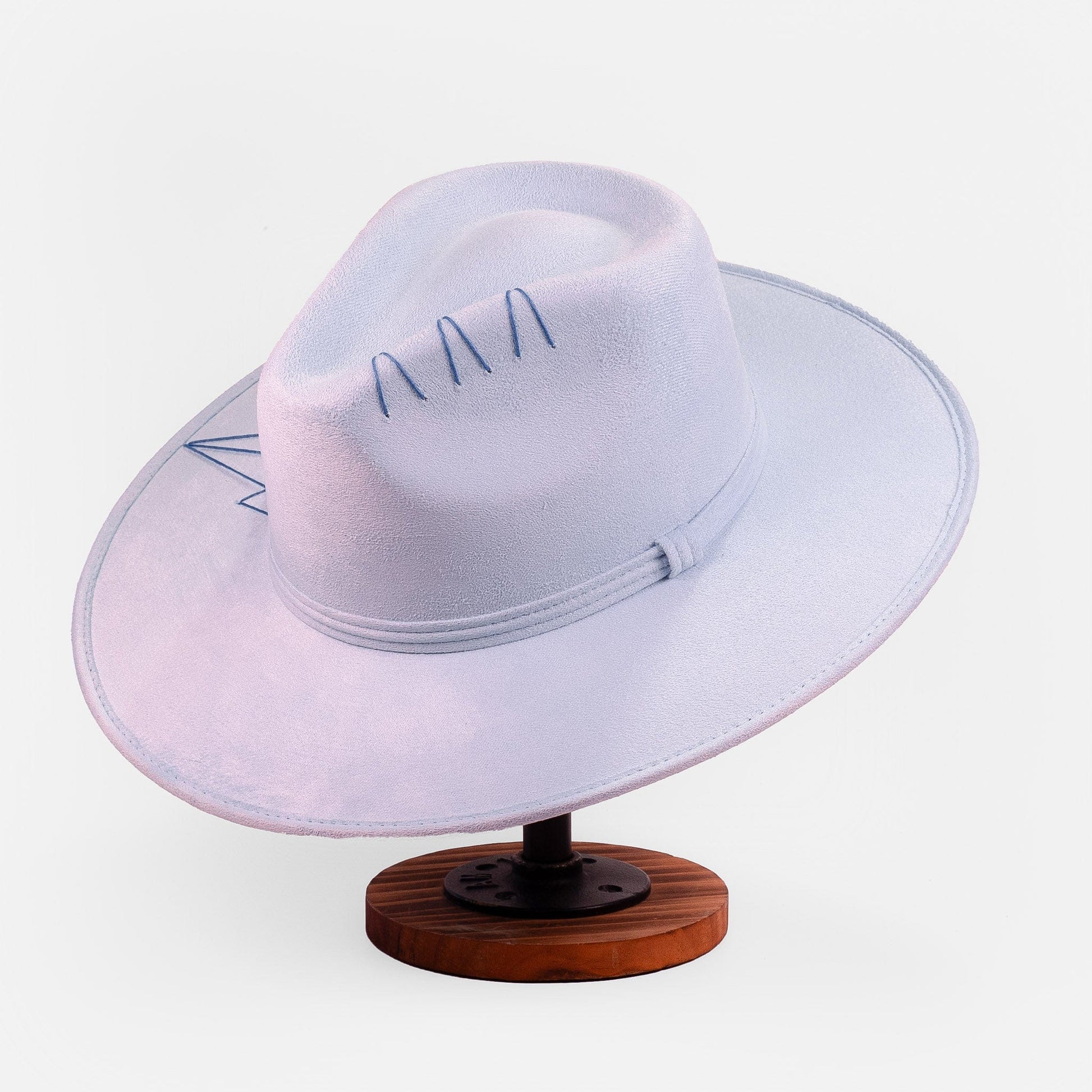 Aukala Hat Handcrafted Boho Illari Hat – Light Blue Suede Fedora with Embroidered Details & Beaded Accents