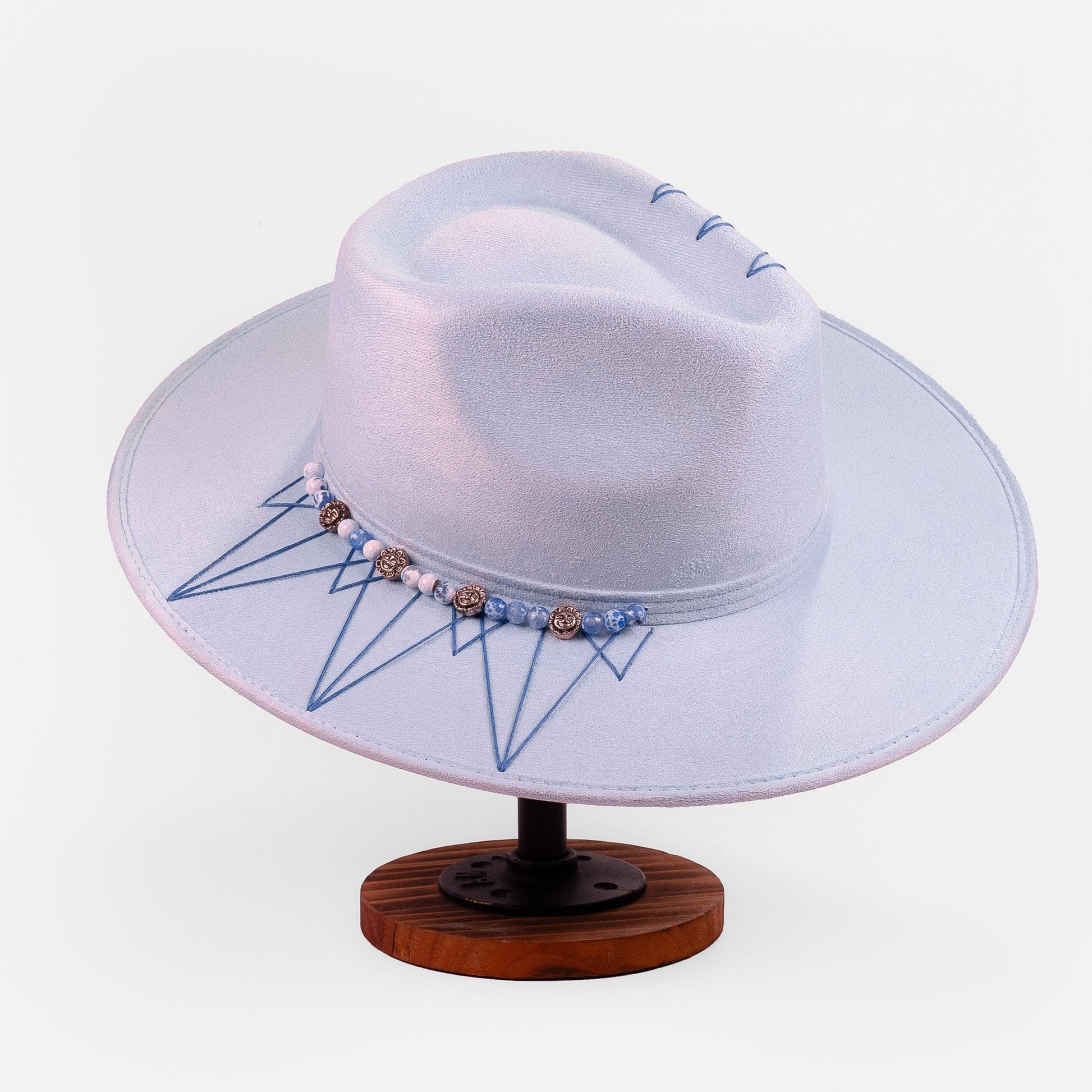 Aukala Hat Handcrafted Boho Illari Hat – Light Blue Suede Fedora with Embroidered Details & Beaded Accents