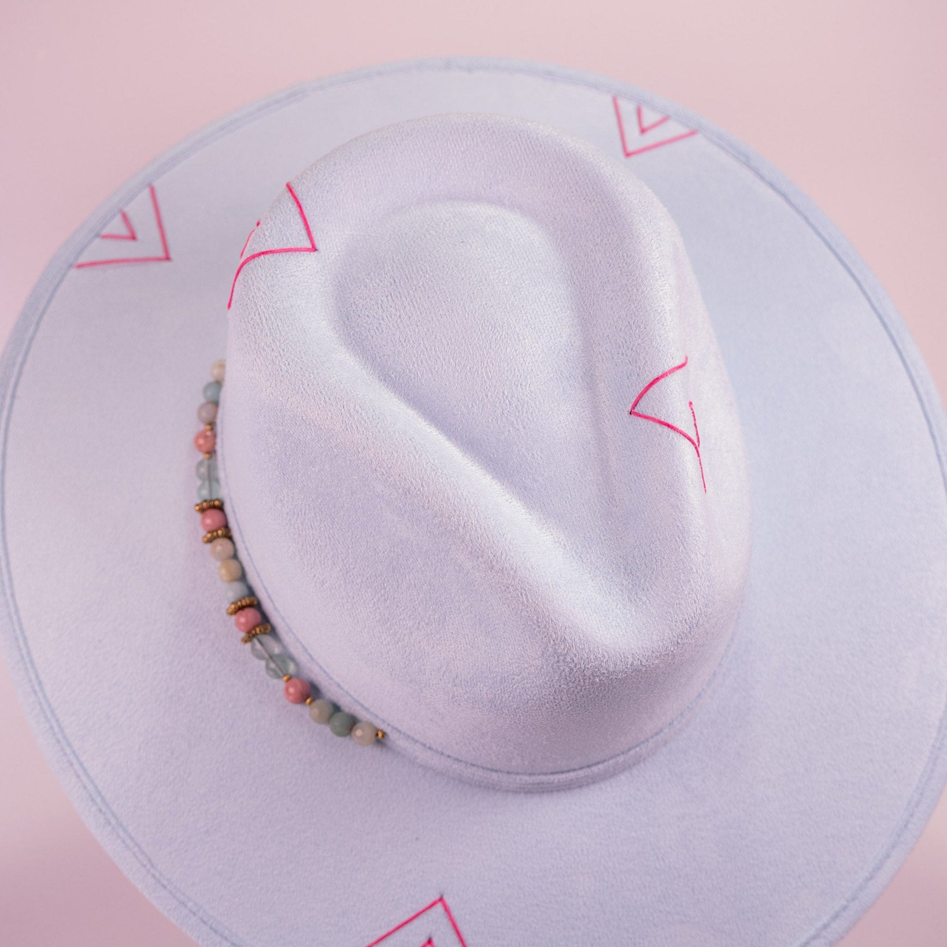 Aukala Hat Handcrafted Boho Inti Mist Hat – Soft Blue Suede Fedora with Pink Embroidery & Beaded Accents
